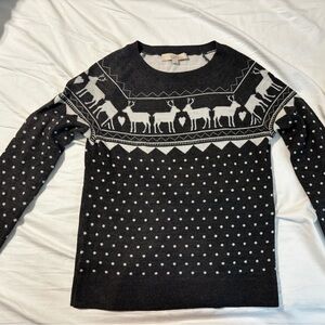 LOFT Black and White Reindeer Crewneck Sweater